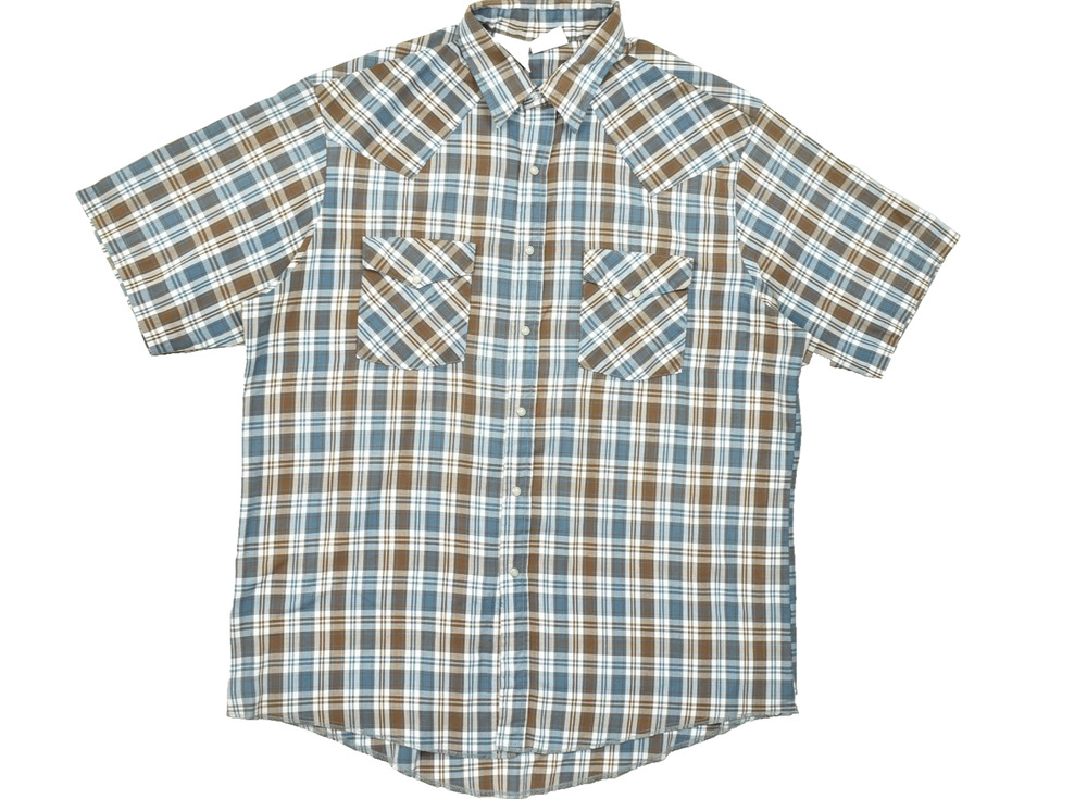 Western Frontier Men's Brown Blue Plaid Snap Button Shirt Short Sleeve Size L